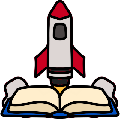an open book with a blue cover in front of a launching rocket.